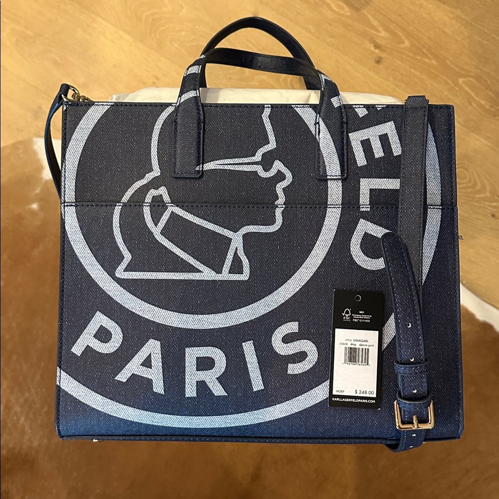 Karl Lagerfeld Denim Print Navy and White Logo Tote